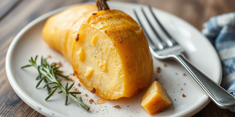 Gepofte aardappel met boter op een bord.