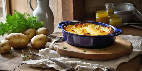 organic potato gratin in a rustic kitchen