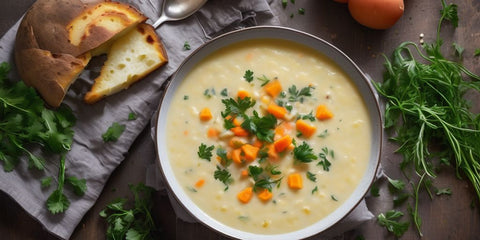 creamy organic potato soup in a cozy kitchen