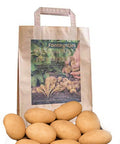 Cammeo biologische aardappelen in bruine papieren zak met Fonteynties logo, verse biologische aardappelen vooraan