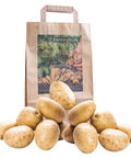 Biologische Carolus aardappelen in papieren zak met losse aardappelen ervoor op witte achtergrond